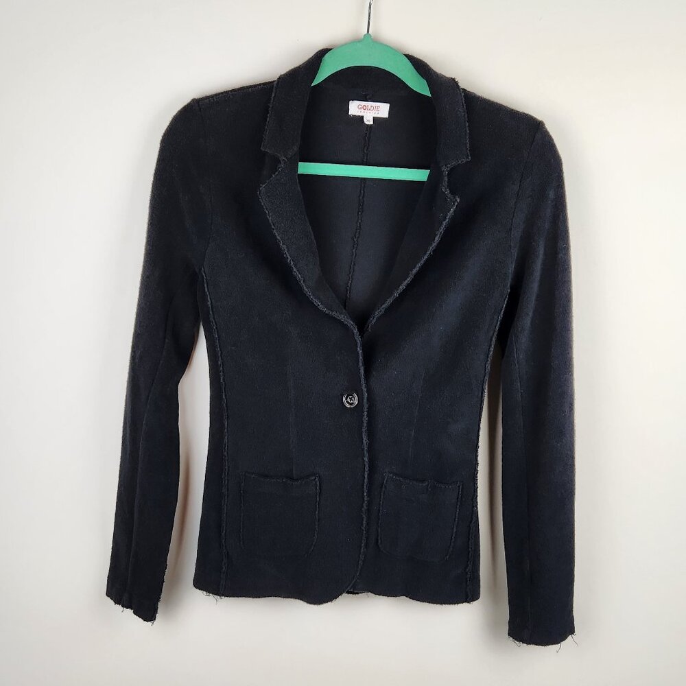 Goldie Lewinter Black One Button Knit Sweater Blazer Raw Hems sz XS
